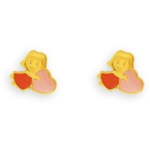 Boucles D'oreilles Or 375 Cœur Laque Rose Rouge 6*5mm