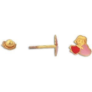 Boucles D'oreilles Or 375 Cœur Laque Rose Rouge 6*5mm