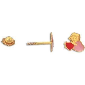 Boucles D'oreilles Or 375 Cœur Laque Rose Rouge 6*5mm