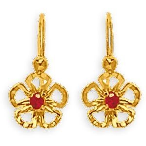 Boucles D'oreilles Or 375 Pendant 13mm Fleur Rubis 6mm