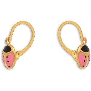 Boucles D'oreilles Or 375 Pendant 14mm Coccinelle Laque Rose 6*7mm