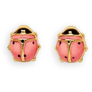 Boucles D'oreilles Or 375 Puces Coccinelle Laque Rose 5*6mm