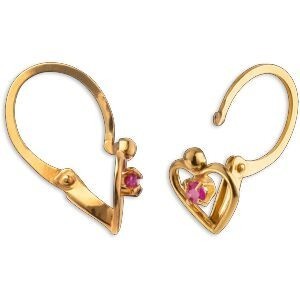 Boucles D'oreilles Or 375 Pendant 13mm Cœur Rubis 6.5mm