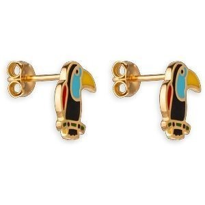 Boucles D'oreilles Plaqué Or Toucan Email Multicolore 9.5*11.5mm