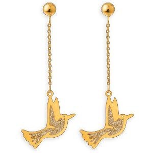 Boucles D'oreilles Or 375 Pendant 34mm Colibri Email Pailleté 9*12mm