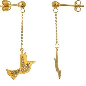 Boucles D'oreilles Or 375 Pendant 34mm Colibri Email Pailleté 9*12mm