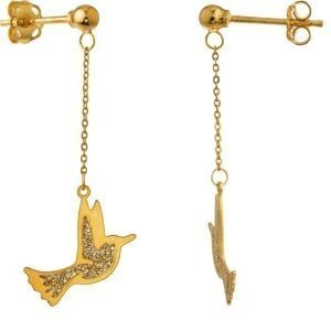 Boucles D'oreilles Or 375 Pendant 34mm Colibri Email Pailleté 9*12mm