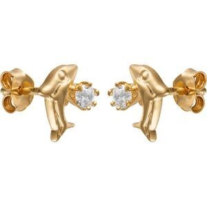 Boucles D'oreilles Plaqué Or Dauphin Cristal Blanc 8.5*10mm