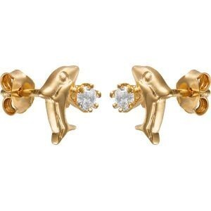 Boucles D'oreilles Plaqué Or Dauphin Cristal Blanc 8.5*10mm