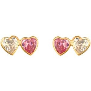 Boucles D'oreilles Or 375 Double Cœur Zirconium 5.7*11mm Fermoir Or 375 Silicone
