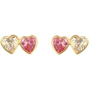 Boucles D'oreilles Or 375 Double Cœur Zirconium 5.7*11mm Fermoir Or 375 Silicone