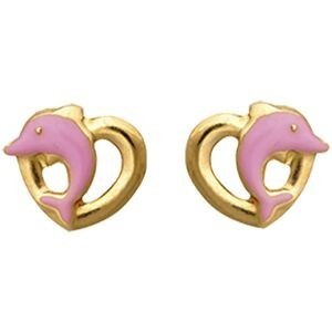 Boucles D'oreilles Or 375 Cœur Dauphin Email Rose 7*7.7mm Fermoir Or 375 Silicone