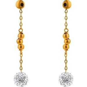 Boucles D'oreilles Or 375 Pendant 30mm Boule Cristal Blanc 6mm
