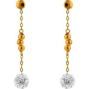 Boucles D'oreilles Or 375 Pendant 30mm Boule Cristal Blanc 6mm