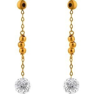 Boucles D'oreilles Or 375 Pendant 30mm Boule Cristal Blanc 6mm