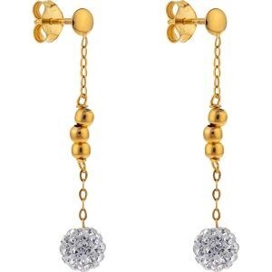 Boucles D'oreilles Or 375 Pendant 30mm Boule Cristal Blanc 6mm