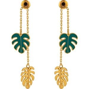 Boucles D'oreilles Or 375 Pendant 35mm Feuilles Palmier 8*9mm Email Vert 7.5*8.5mm