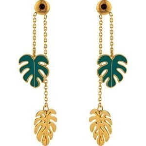 Boucles D'oreilles Or 375 Pendant 35mm Feuilles Palmier 8*9mm Email Vert 7.5*8.5mm