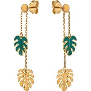 Boucles D'oreilles Or 375 Pendant 35mm Feuilles Palmier 8*9mm Email Vert 7.5*8.5mm