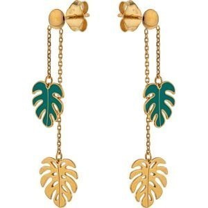 Boucles D'oreilles Or 375 Pendant 35mm Feuilles Palmier 8*9mm Email Vert 7.5*8.5mm