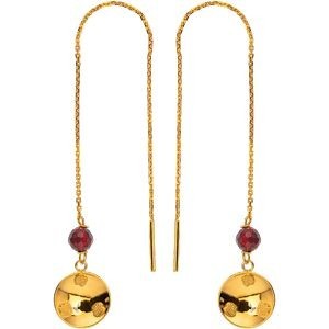Boucles D'oreilles Or 750 Pendant 108mm Batée 9mm Cristal Grenat 4mm
