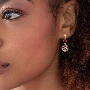 Boucles D'oreilles Plaqué Or Pendant 30mm Arbre De Vie 12mm Cristal Grenat 5mm
