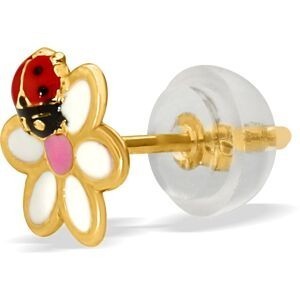 Boucles D'oreilles Or 375 Fleur Coccinelle Email Multicol 7.5mm Fermoir Or 375 Silicone