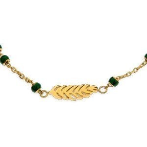 Bracelet Acier Jaune Chaîne 1.5mm 17  à 20cm Boules 3mm Email Vert Feuille 4.5*14mm