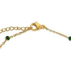 Bracelet Acier Jaune Chaîne 1.5mm 17  à 20cm Boules 3mm Email Vert Feuille 4.5*14mm