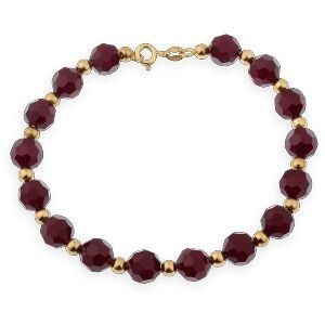 Bracelet Or 750 Cristal Grenat 8mm Grain D'or 4mm 20cm