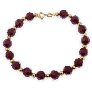 Bracelet Or 750 Cristal Grenat 8mm Grain D'or 4mm 20cm