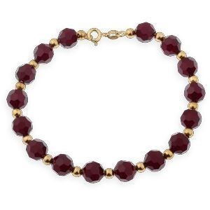 Bracelet Or 750 Cristal Grenat 8mm Grain D'or 4mm 20cm