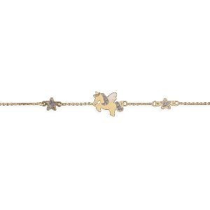 Bracelet Or 375 0.80mm Licorne 10*8mm Etoiles 4mm Email Pailleté 14  à 16cm