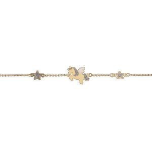 Bracelet Or 375 0.80mm Licorne 10*8mm Etoiles 4mm Email Pailleté 14  à 16cm