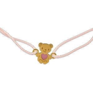 Bracelet Or 375 Ourson Email Rose 10*9.5mm Cordon Rose 14cm