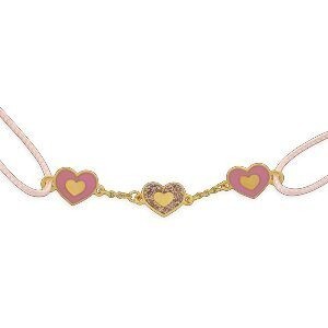 Bracelet Or 375 Cœurs Email Rose Pailleté 6mm Cordon Rose 16cm