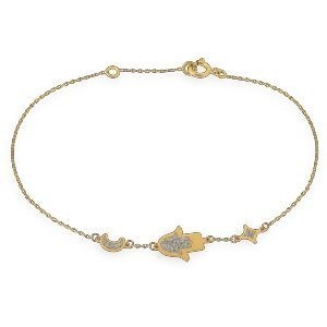 Bracelet Or 750 Chaîne Forçat Diamanté 0.80mm Main Fatma Lune Etoile Pailleté 17  à 19cm
