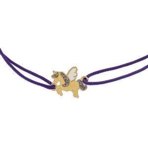 Bracelet Or 375 Licorne Email Pailleté 12.5*9.1 Cordon Mauve 16cm