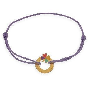 Bracelet Or 375 Trèfle Bonheur Maman Email Multicolre 14mm Cordon Mauve 18cm
