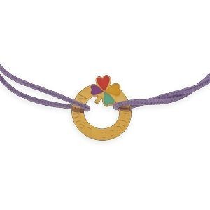 Bracelet Or 375 Trèfle Bonheur Maman Email Multicolre 14mm Cordon Mauve 18cm