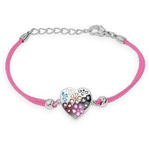 Bracelet Acier Cœur 14.5mm Email Multicolore Cordon rose 16 A 19cm