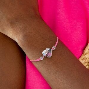Bracelet Acier Cœur 14.5mm Email Multicolore Cordon rose 16 A 19cm