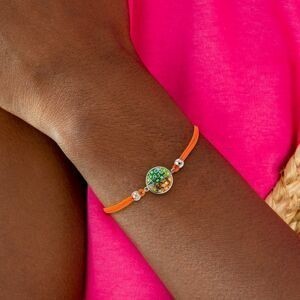 Bracelet Acier Motif 14.5mm Email Vert Orange Cordon Orange 16 A 19cm