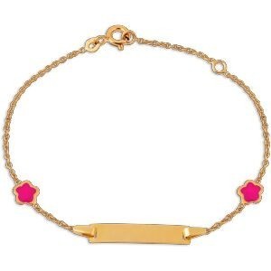 Bracelet Identité Or 375 Maille Forçat 1mm Fleurs Email Rose 5mm 13  à 15cm
