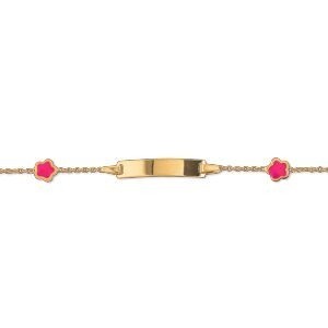 Bracelet Identité Or 375 Maille Forçat 1mm Fleurs Email Rose 5mm 13  à 15cm