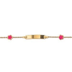 Bracelet Identité Or 375 Maille Forçat 1mm Fleurs Email Rose 5mm 13  à 15cm