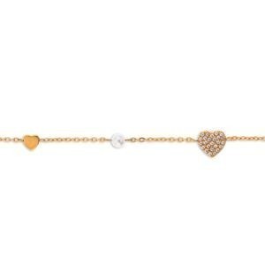 Bracelet Acier Jaune 17  à 20cm Perles 4mm Cœurs Zirconium 18mm