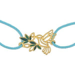 Bracelet Or 375 Colibri Fleur Email Vert Cordon Bleu 18cm