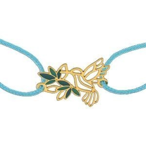 Bracelet Or 375 Colibri Fleur Email Vert Cordon Bleu 18cm