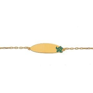 Bracelet Identité Or 375 Maille Forçat Diamanté 1mm Tortue Email Vert 14  à 16mm